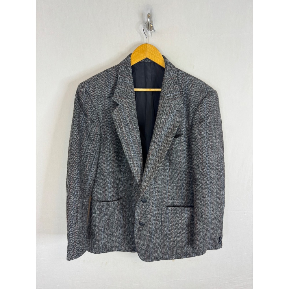 Harris Tweed Grey Herringbone Wool Blazer Jacket Men 40S Short